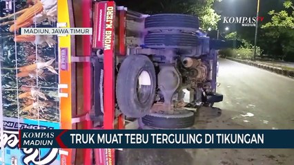Truk Muat Tebu Terguling Di Tikungan
