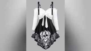 Gothic Faux Twinset T Shirt Skull Printed Bowknot Asymmetrical Hem Ruffle Cold Shoulder Tee