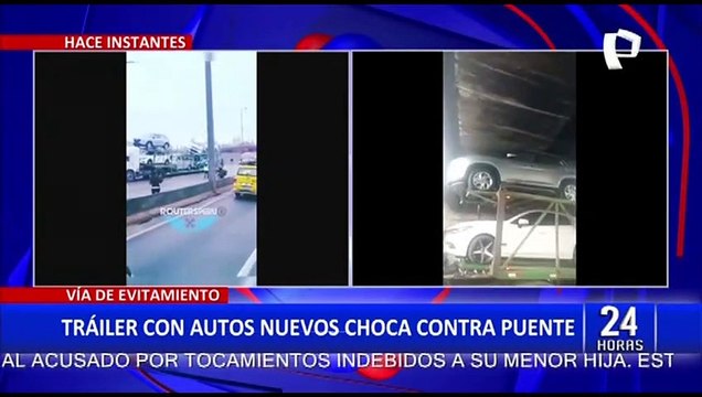 Vía de Evitamiento: Tráiler que transportaba autos nuevos choca contra puente