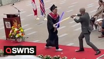 Star Wars-loving student sneaks lightsabers into his graduation challenging principal to duel