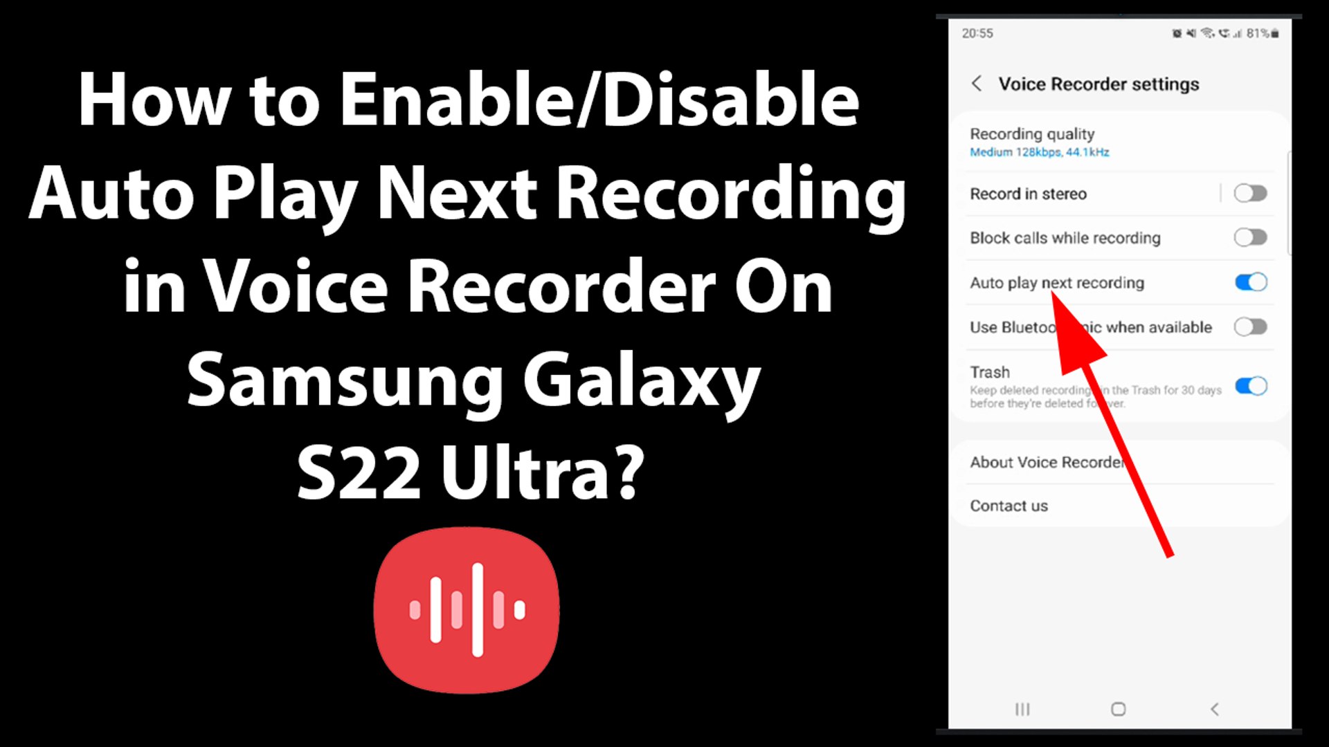 How to Enable/Disable Auto Play Next Recording in Voice Recorder On Samsung  Galaxy S22 Ultra? - video Dailymotion
