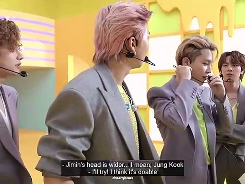 context: jimin's mic broke, so he had to try on the other members' mics which led to a 'small, normal, big head' debate