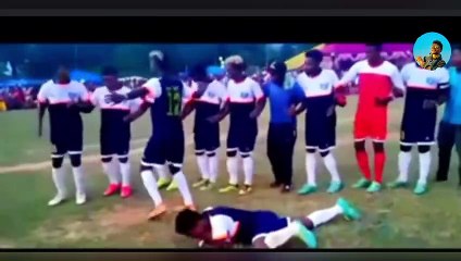 Fodboll players in football field dance //winning for 50 thousand