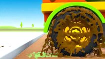 Helper Cars cartoon. Truck, crane, concrete mixer & bulldozer at the car wash.