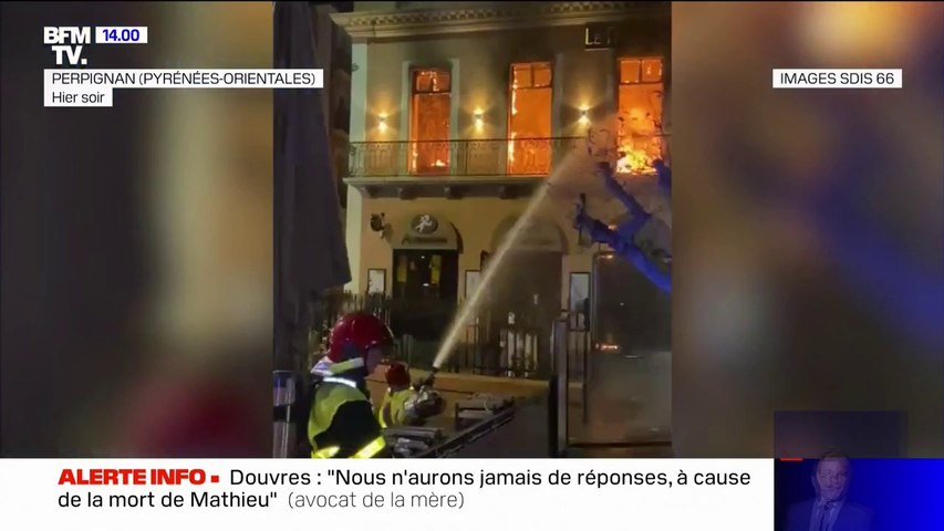 Ref:x8db7xs Les images de l incendie impressionnant d un restaurant du centre-ville de Perpignan