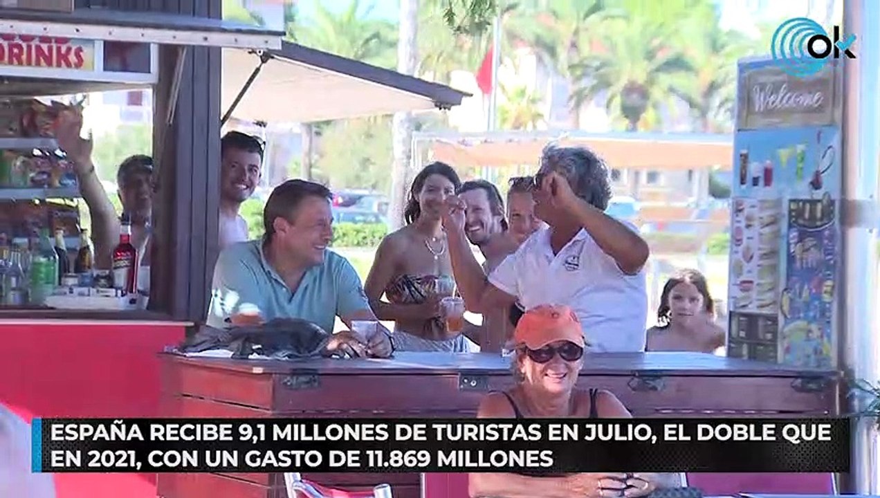 España recibe 9,1 millones de turistas en julio, el doble que en 2021, con un gasto de 11.869 millones