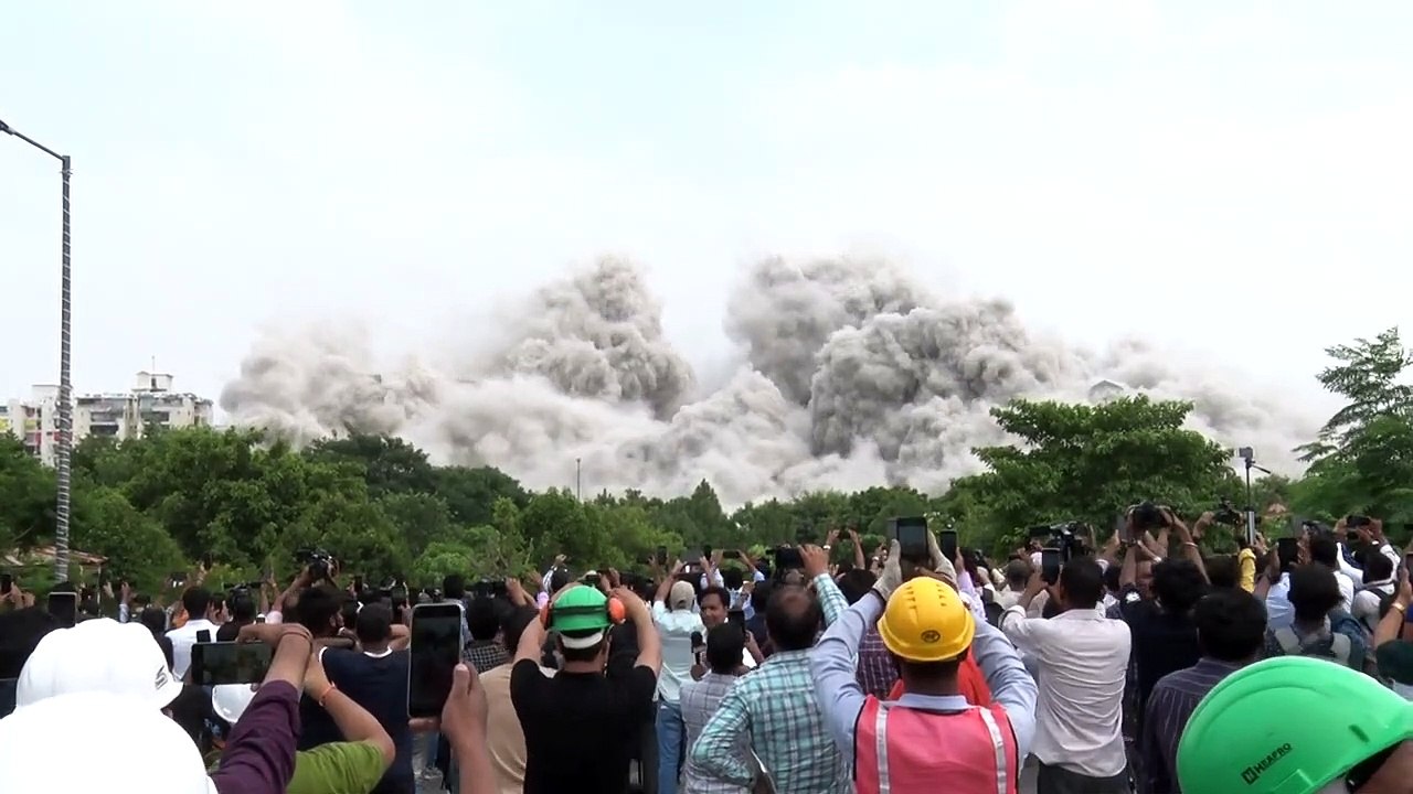 Twin Tower Demolition in Noida __ Explosions Bring Down Buildings Within Seconds