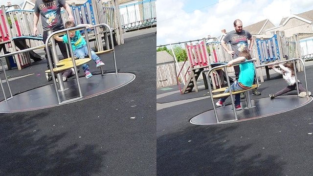 ''Round, round & OUT!' Girl stands up at the wrong time & falls off a spinning merry-go-round '