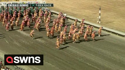 Hundreds take part in hilarious dash at US racecourse with competitors wearing T-Rex costumes
