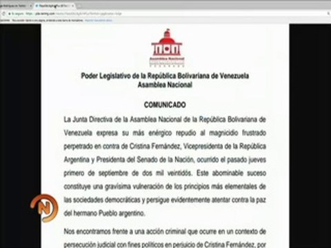 Comunicado | Asamblea Nacional rechaza intento de magnicidio contra Cristina Fernández de Kirchner