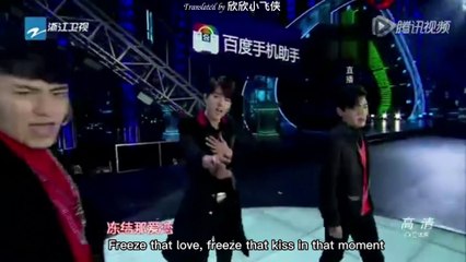 Xiao Zhan performing "Frozen" + "Be A Man" w/ X-Fire competitors (Dec 31, 2015)