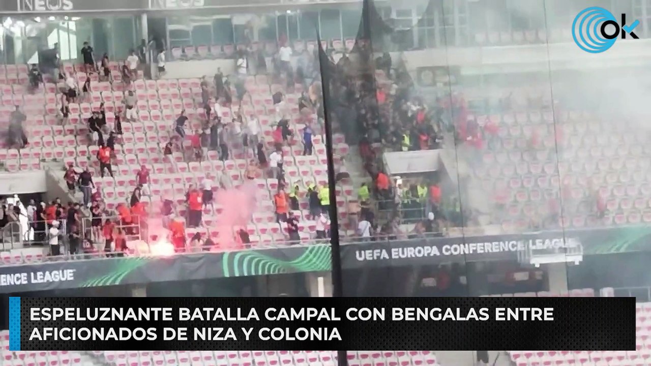 Espeluznante batalla campal con bengalas entre aficionados de Niza y Colonia