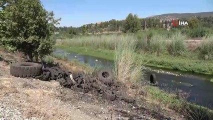 Dereye atılan onlarca lastik çevre kirliliğine neden oldu