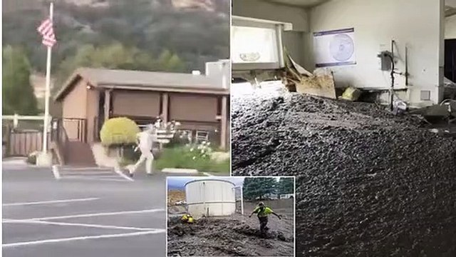 Sludge river! Mudslide is seen pouring down California mountain and swallowing homes and business whole as terrified locals run for their lives