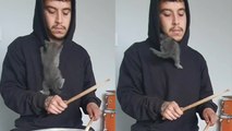 Cat adorably goes into owner's hoody while he plays drums
