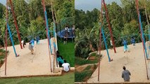Excited kids BARELY AVOID getting injured after something goes wrong with the swing
