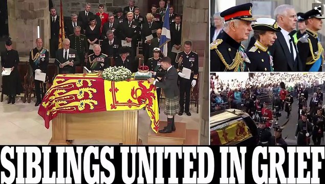 King Charles III and his siblings sit alongside their mother's coffin after somber march through Edinburgh: Royals watch as Queen's 500-year-old crown is placed on Scottish flag-draped casket