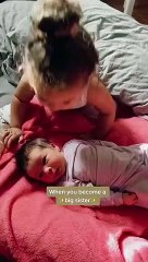 Sweet little girl absolutely loves her newborn baby sister