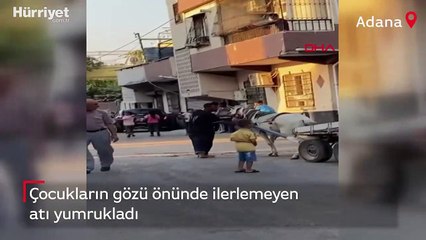 Adana'da çocukların gözü önünde ilerlemeyen atı yumrukladı
