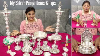 My Silver Pooja Items Collection & Tips _  Karthikha Channel Silver Collections #silvercollection