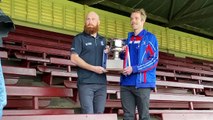 Strathfieldsaye captain Lachlan Sharp and Gisborne skipper Pat McKenna with the Bendigo Advertiser premiership cup.