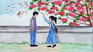 boy and girl with beautiful nature drawing scenery || beautiful couple and nature scenery drawing