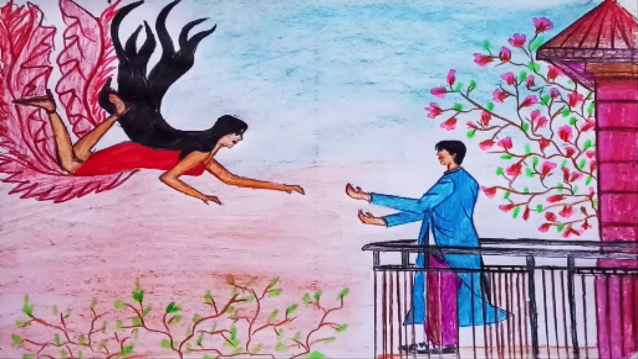 girl and boy beautiful nature drawing scenery || beautiful couple and nature scenery drawing