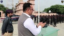 DIG Sindh Police Security & Emergency Services Division Dr. Maqsood Ahmed addresses the personnel of Security Division including SSU Commandos before their departure for flood relief operation.