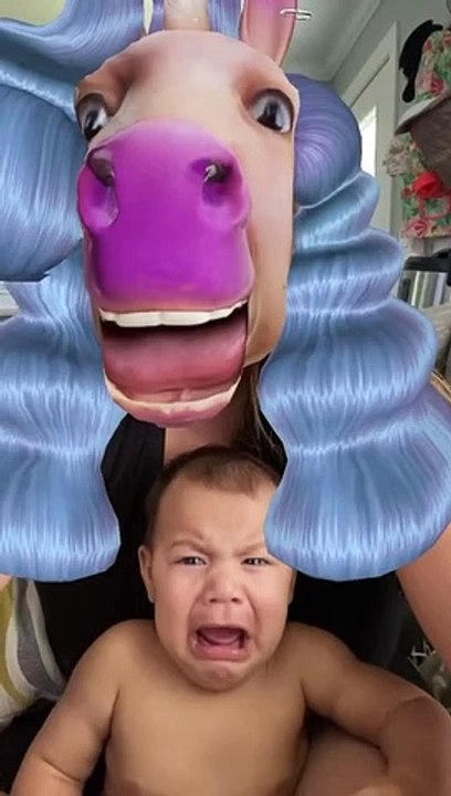 Baby falls victim to hilarious 'horse face' video filter