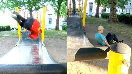 54 y/o 'pro at flipping into water' keeps failing to flip over rubber mat