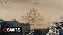 Artist pays respects to The Queen with incredible 70 square foot mural drawn on sand of a Cornish beach