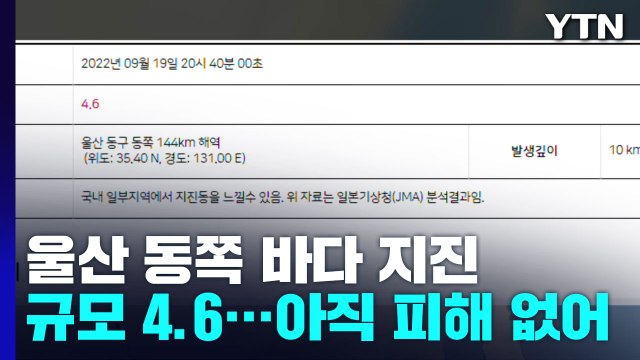 울산 동쪽 바다에서 규모 4.6 지진 발생... 아직 피해 없어 / YTN