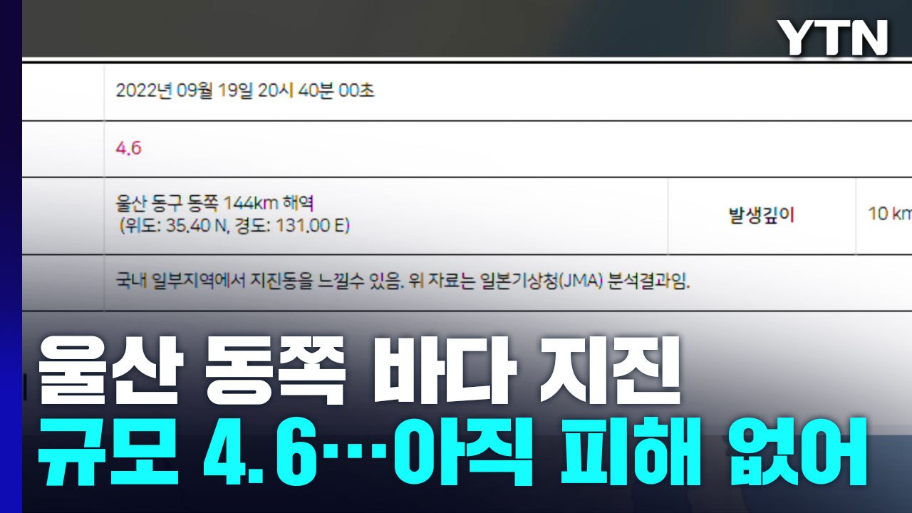 울산 동쪽 바다에서 규모 4.6 지진 발생..."아직 피해 없어" / YTN