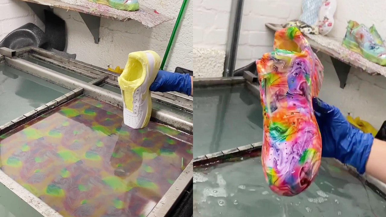 Applying VIBRANT designs to sneakers via the phenomenal process of hydro dipping