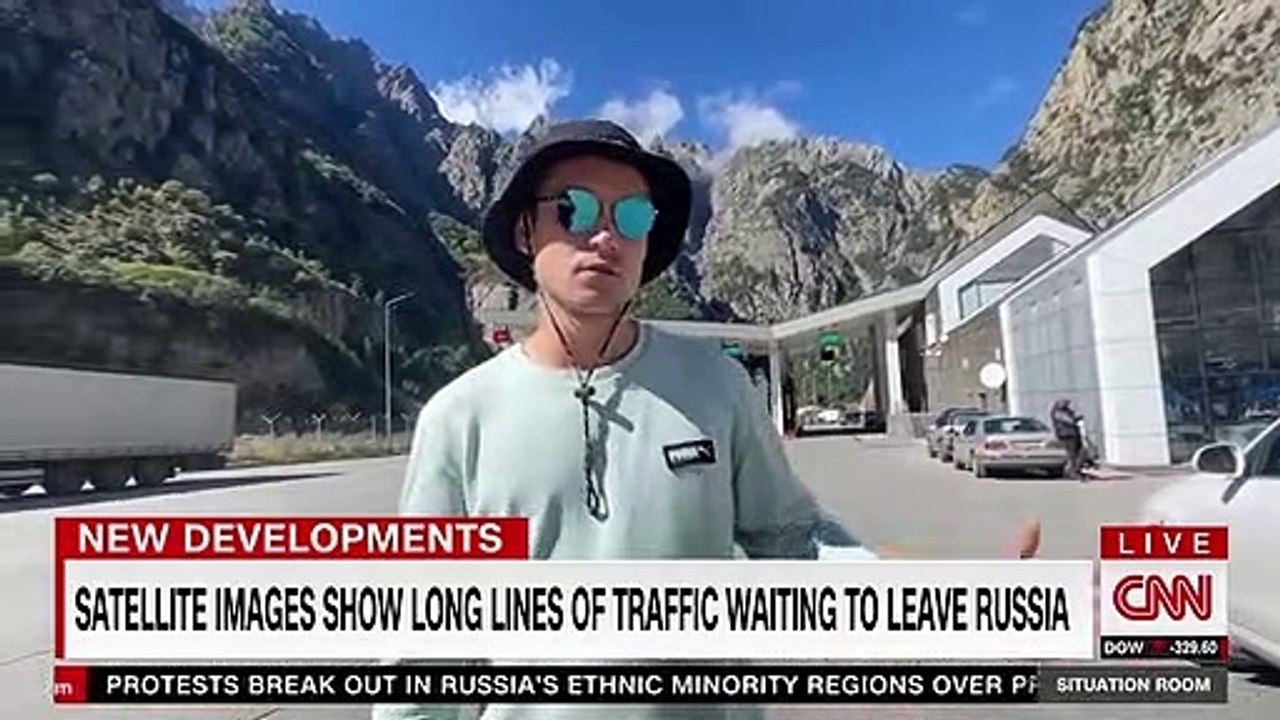 Drone video shows massive traffic jam as Russians flee the country