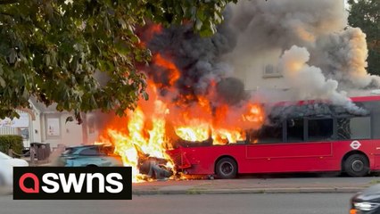 Video shows a bus and car on fire after crashing this morning in Surrey