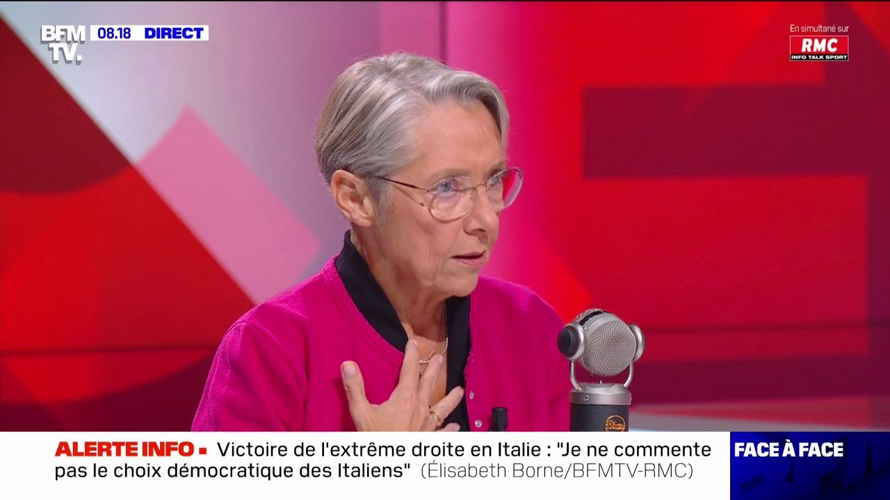 Après la victoire de l'extrême droite en Italie, Élisabeth Borne se dit "attentive" au respect "des valeurs sur les droits de l'Homme"