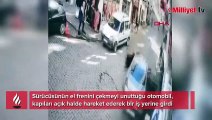 El freni çekilmeyen otomobilin geri kaydığı panik anları kamerada