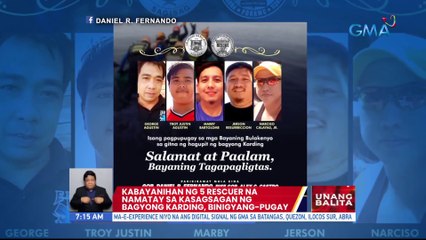 Kabayanihan ng 5 rescuer na namatay sa kasagsagan ng Bagyong Karding, binigyang-pugay | UB