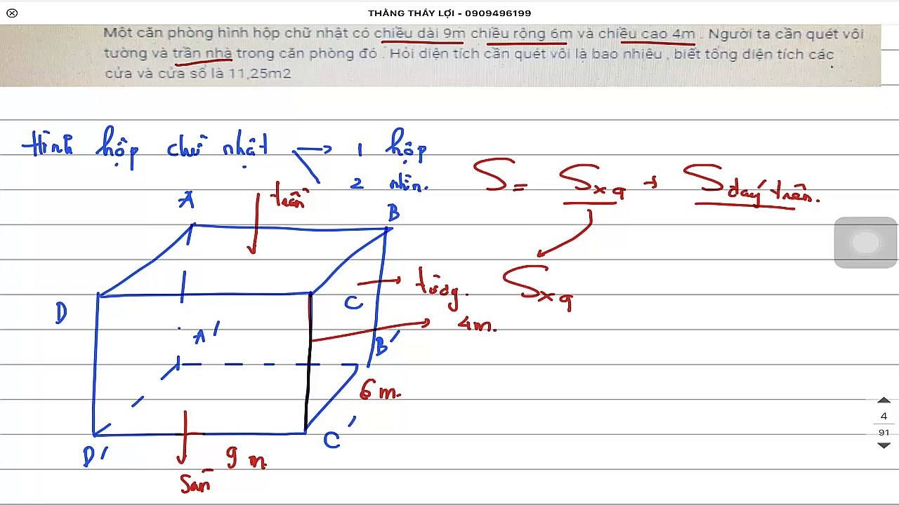 Một căn phòng hình hộp chữ nhật có chiều dài 9 m chiều rộng 6 m và chiều cao 4 m Người ta cầ quét vôi tường và trần nhà trong căn phòng đó Hỏi diện tích cần quét là bao nhiêu biết tổng diện tích các cửa và cửa sổ là 11,25 m2