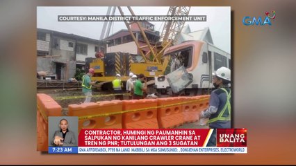 Contractor, humingi ng paumanhin sa salpukang ng kanilang crawler crane at tren ng PNR; Tutulungan ang 3 sugatan | UB