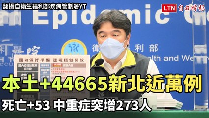 本土+44665新北近萬例、死亡+53 中重症突增273人（翻攝自衛生福利部疾病管制署YT）