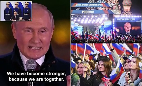 Putin threatens to use nuclear bombs to defend his 'new territories' in Ukraine as he annexes four oblasts - and tells thousands of cheering supporters in Red Square: 'Victory will be ours'