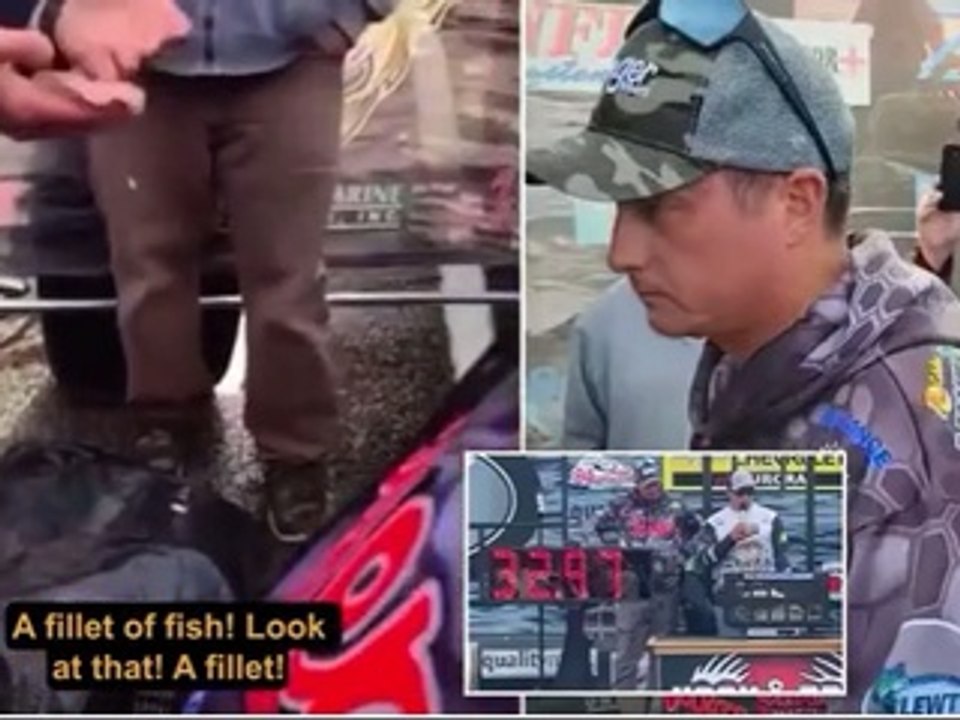 Caught hook, line and sinker! Moment LEAD WEIGHTS are found in professional fishing duo's catch and they are stripped of tournament title and $5,000 prize - as furious crowd berates them