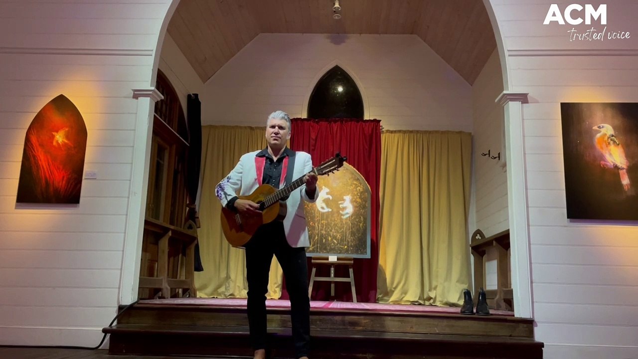 Michael Simic plays at exhibition launch of Mortal Coils and Walking Shadows at Tanja