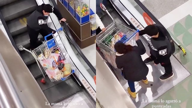 Boy uses regular escalator for his loaded shopping cart *HE REGRETTED IT!*