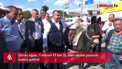 Güreş ağası, 1 milyon 17 bin TL ağalık parasını katırla taşıdı