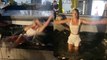 Girl carelessly falls into hot tub after downing a whole bottle of rum