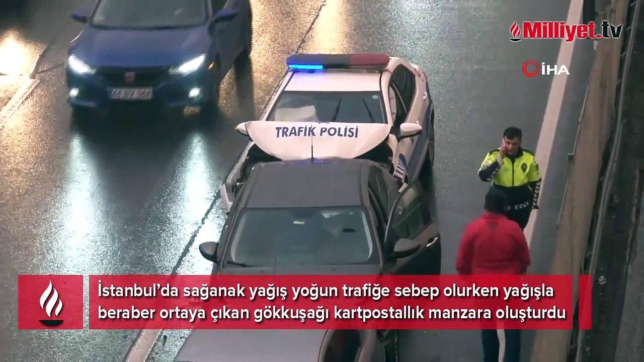 İstanbul’da sağanak yağış yoğun trafiğe sebep olurken yağışla beraber ortaya çıkan gökkuşağı kartpostallık manzara oluşturdu