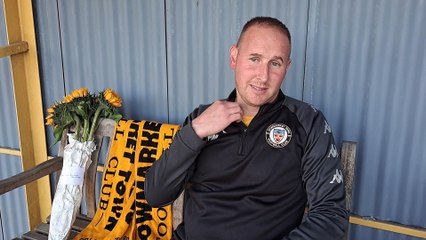 Stowmarket Town manager Paul Musgrove reacts to their FA Trophy victory over higher-league Mickleover